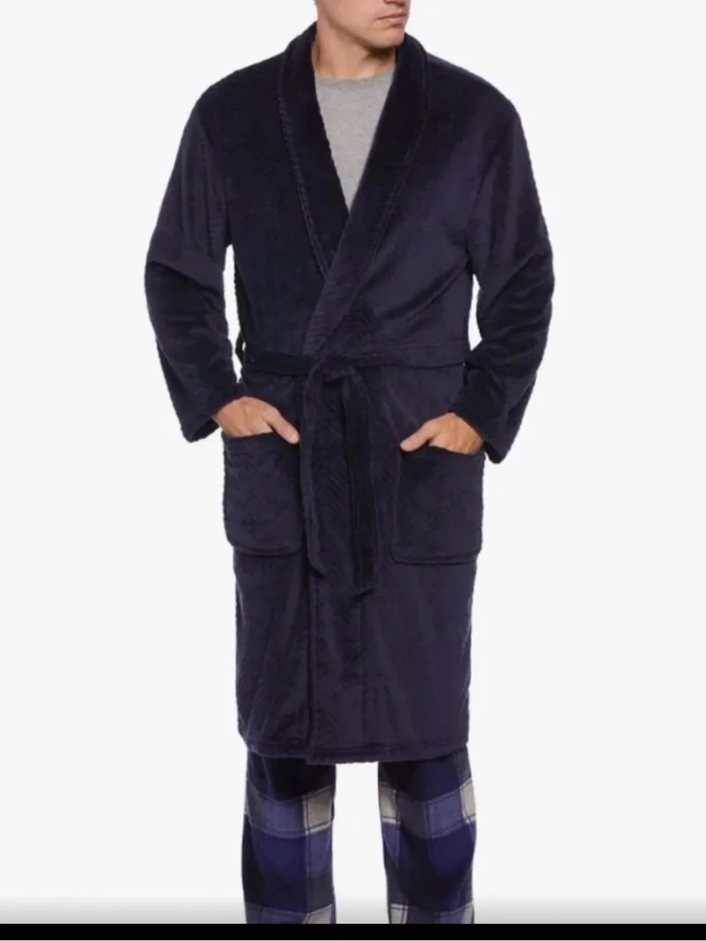Perry Ellis Men's Herringbone Textured Soft Fleece Robe Navy Blue NEW O/S